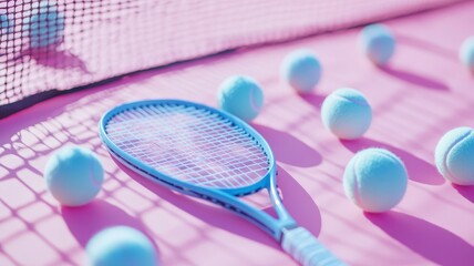 Tennis balls and tennis rackets on a pink tennis court, net visible, active lifestyle,exercise,banner sport day,sport and hobbies,selective focus,copy space.