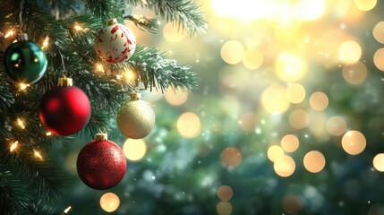 Obraz premium Fondo decorativo de navidad con bolas de colores en un Ã¡rbol verde y fondo de luces con bokeh.