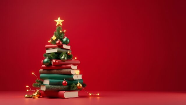 Christmas tree made of books decorated with lights, star and ornaments over red background. Library, bookshop or education banner with copy space. Xmas and New Year holidays celebration greeting card.