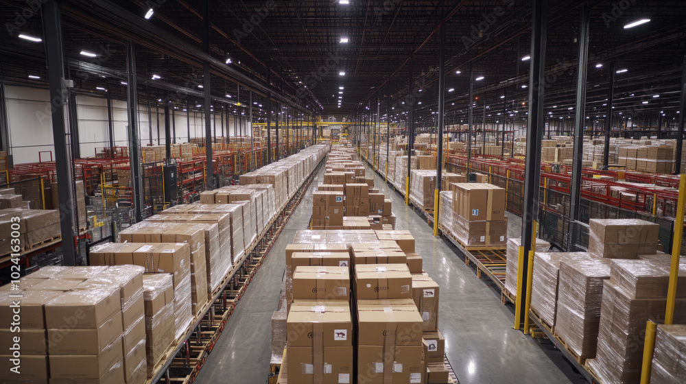 Poster smart warehouse,robotic arms efficiently stack boxes onto pallets.this automated system manages the 