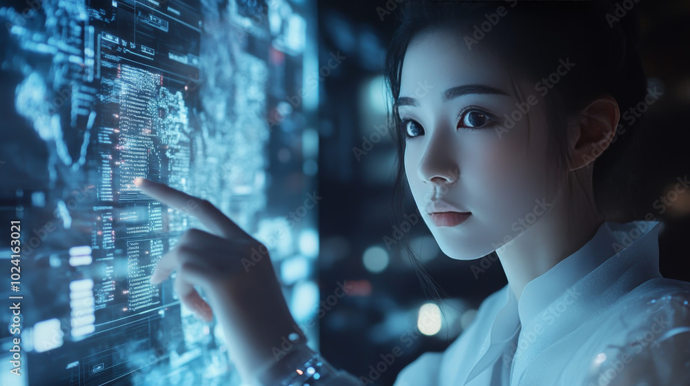 Poster a robotic woman interacts with a digital screen. she's using artificial intelligence to analyze comp