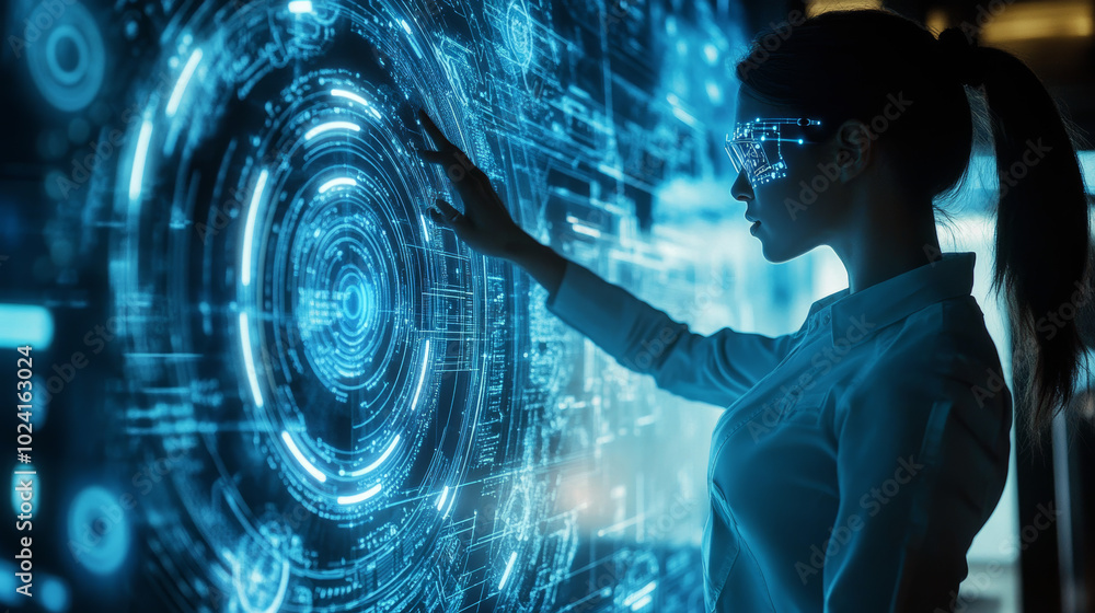 Poster a robotic woman interacts with a digital screen. she's using artificial intelligence to analyze comp