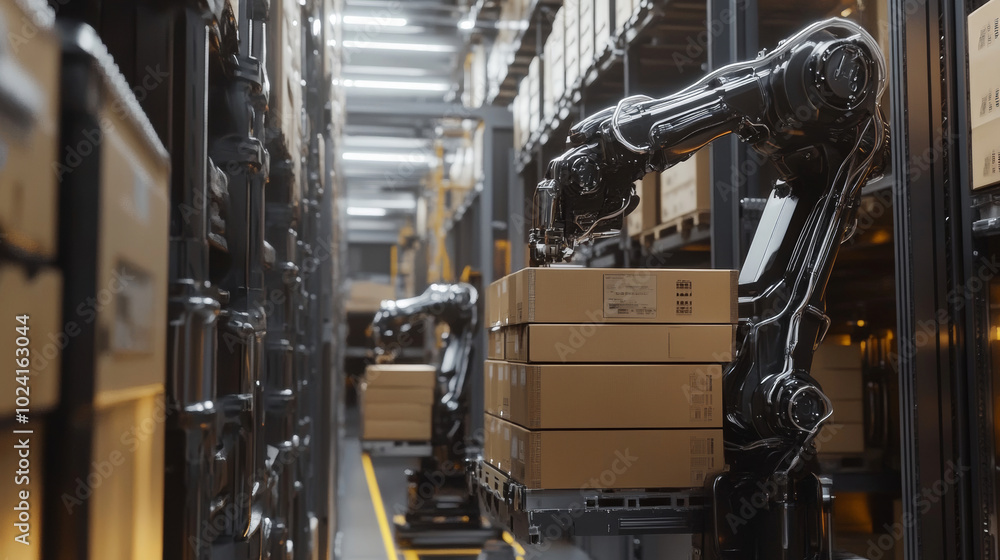 Poster smart warehouse,robotic arms efficiently stack boxes onto pallets.this automated system manages the 