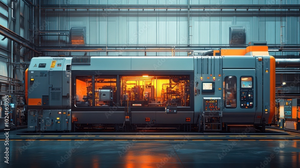 Poster industrial machine in a factory with illuminated workspace.