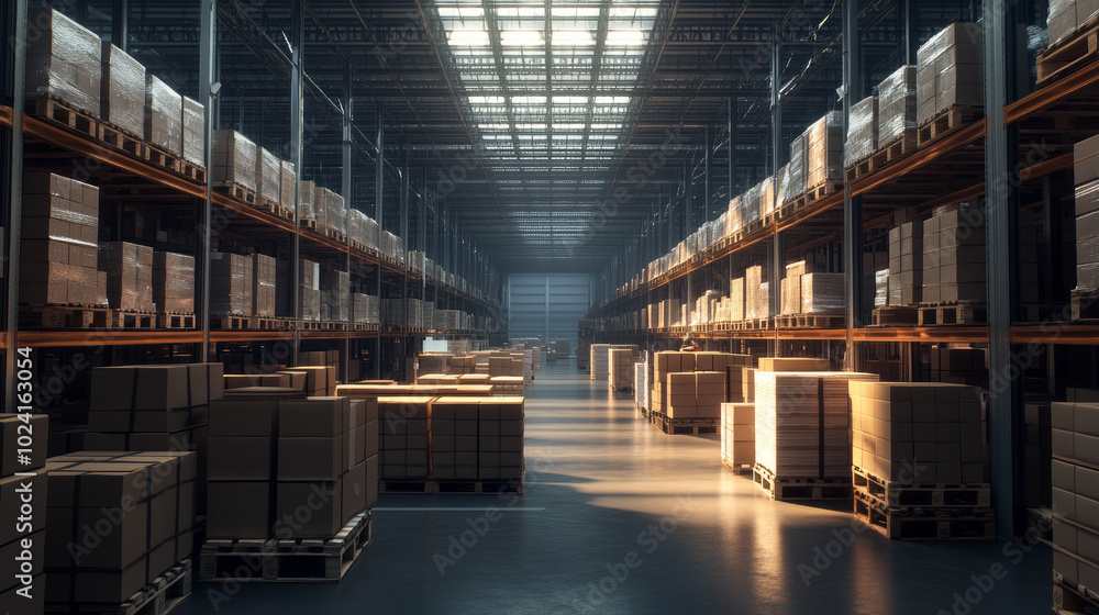 Poster smart warehouse,robotic arms efficiently stack boxes onto pallets.this automated system manages the 