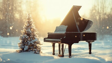 The Grand Black piano with christmas tree and snow in winter background,star and Northern Lights,player keyboard musician artist concert concept,copy space.