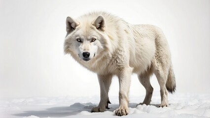Obraz premium A white wolf standing alert with its fur blending into the snow, representing strength and resilience, isolated on white