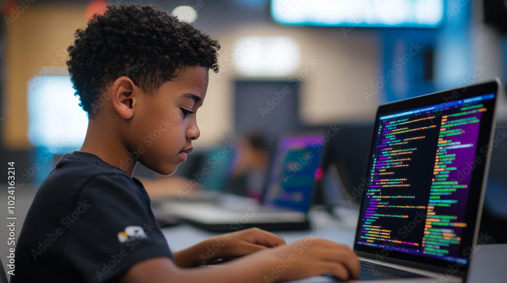 Poster a bright boy is learning to code on his laptop. he's using scratch, a fun programming language, to c