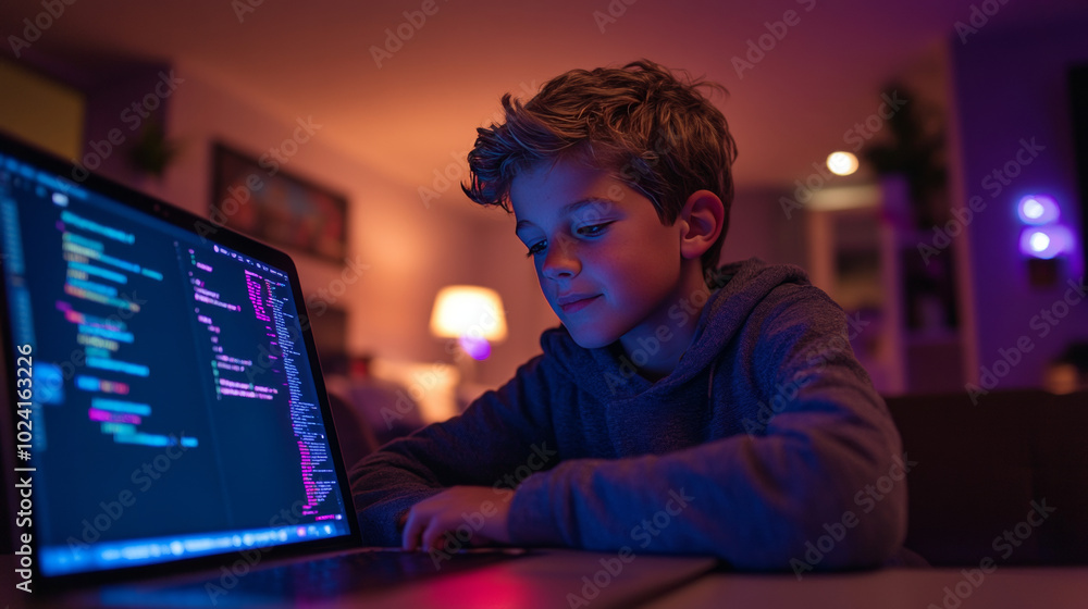 Poster a bright boy is learning to code on his laptop. he's using scratch, a fun programming language, to c