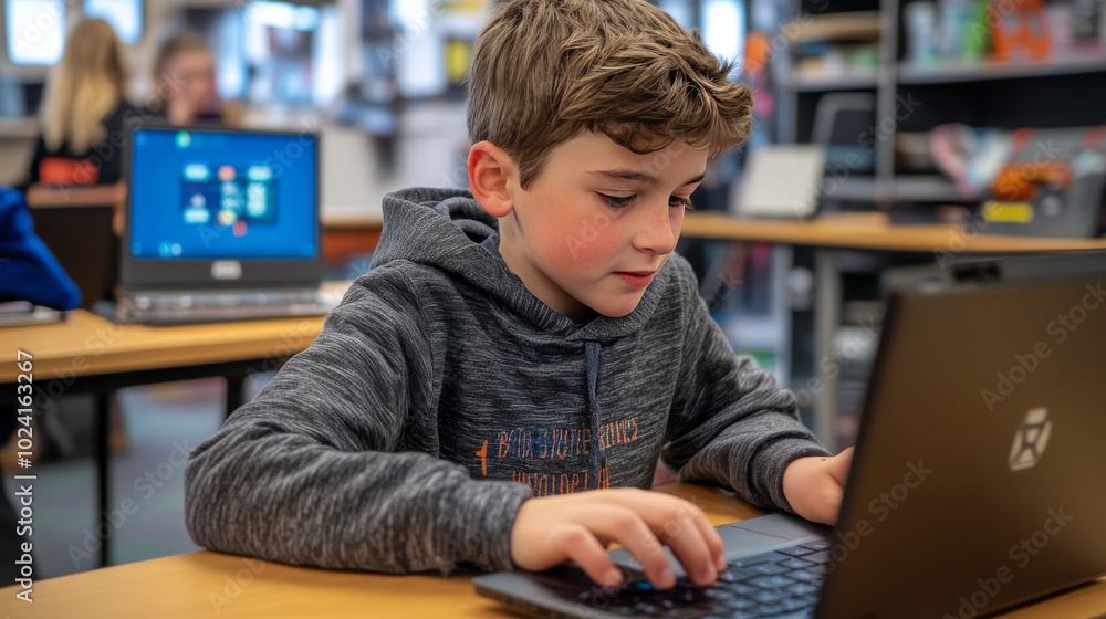 Poster a bright boy is learning to code on his laptop. he's using scratch, a fun programming language, to c