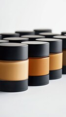 Bottles of makeup foundation and cushion,Collection of skin foundation bottles in different shades and samples on color background,makeup essentials,Cushion Foundation liquid and swatche,copy space.