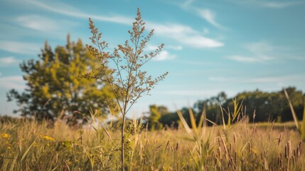 Obraz premium Single Branch in a Field with a Blue Sky