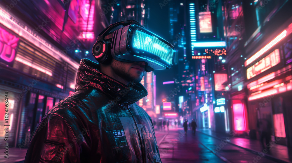 Poster a man wearing a futuristic headset explores a virtual world in a cyberpunk suit. this virtual realit