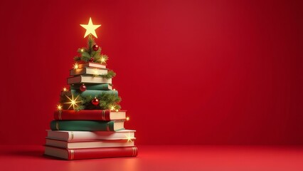Christmas tree made of books decorated with lights, star and ornaments over red background. Library, bookshop or education banner with copy space. Xmas and New Year holidays celebration greeting card.