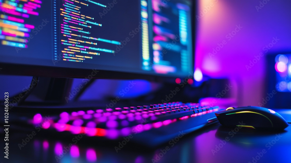 Poster a computer, keyboard, and mouse sit on a desk in a dimly lit room. the screen shows colorful pattern