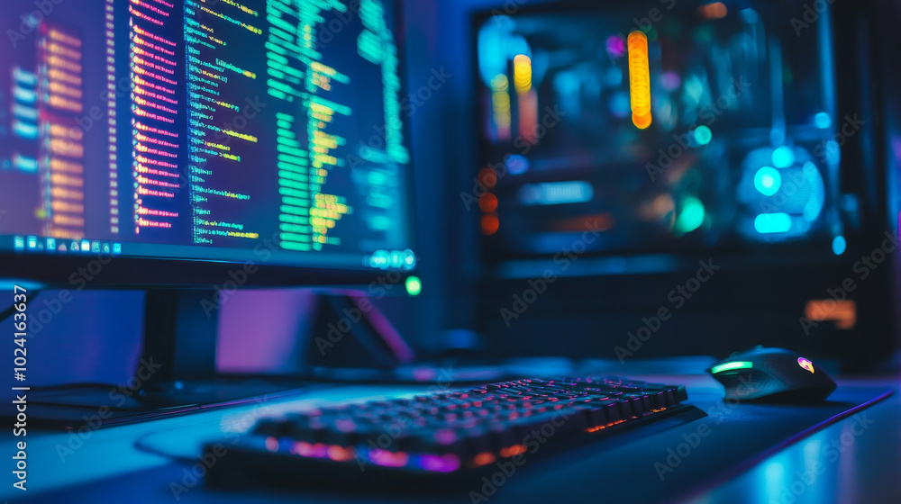 Poster a computer, keyboard, and mouse sit on a desk in a dimly lit room. the screen shows colorful pattern