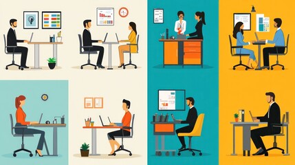 Colorful office team scenes vector in flat style, showcasing a diverse group of professionals in action