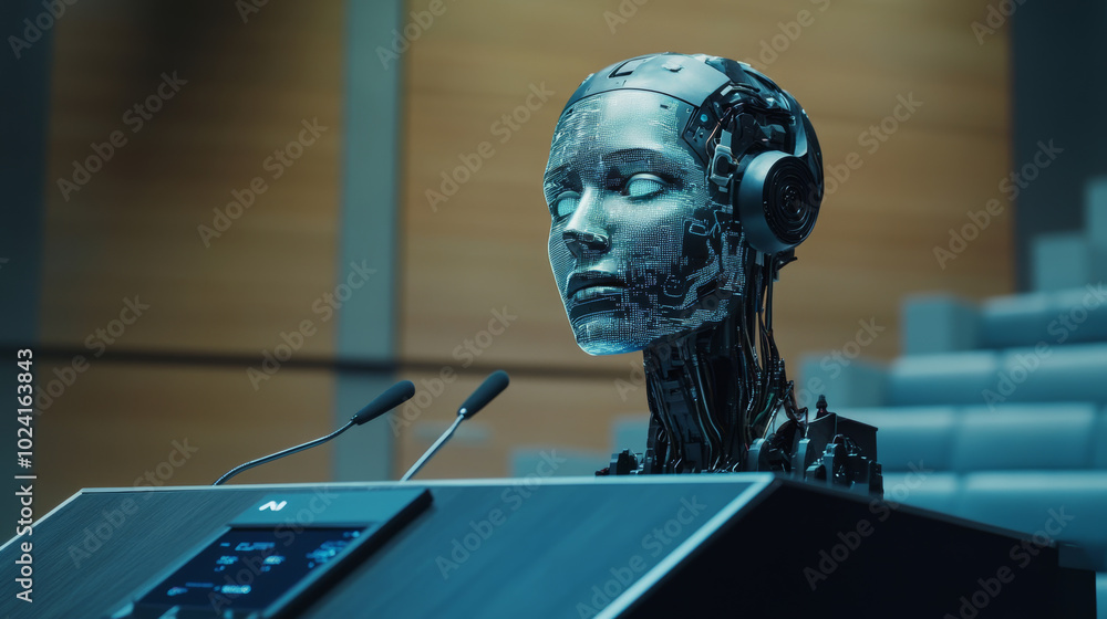 Poster a futuristic robot head sits above a podium, looking at a digital screen. the robot represents artif