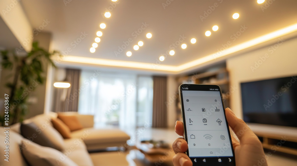 Poster a smartphone app controls your home's smart devices, like lights and appliances, using wifi. you can