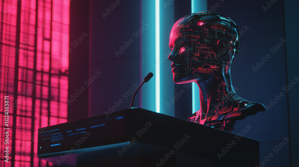 Poster a futuristic robot head sits above a podium, looking at a digital screen. the robot represents artif