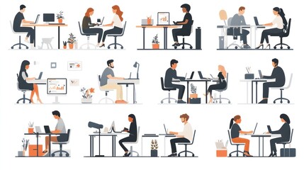 Company employees at work vector set, showcasing diverse roles and tasks in a dynamic office setting
