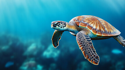 Fototapeta premium A majestic sea turtle gracefully swimming underwater amidst vibrant coral reefs, showcasing its beautiful shell and serene environment.