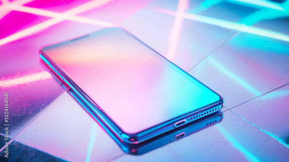 Poster a smartphone rests on a table or shiny surface. it's a 3d image with neon shapes behind it. the phon
