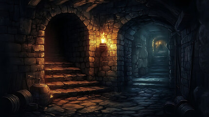A dark, mysterious underground dungeon depicted by stone walls, flickering torches and eerie shadows.