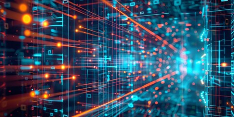 Obraz premium Abstract representation of a high-tech digital data stream with glowing lines and geometric patterns in a virtual space.