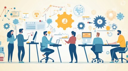 Fototapeta premium Company employees working together in an office, vector set highlighting efficiency and digital collaboration