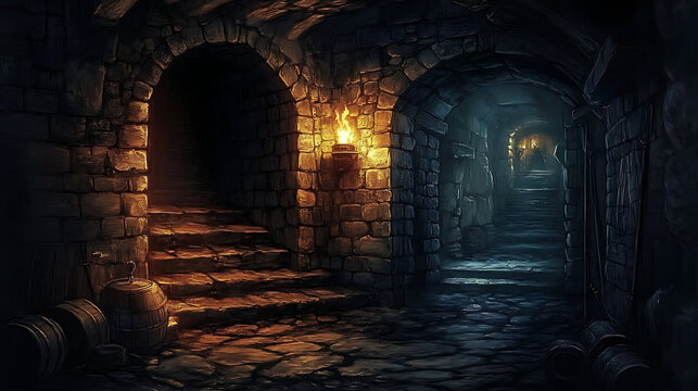 A dark, mysterious underground dungeon depicted by stone walls, flickering torches and eerie shadows.