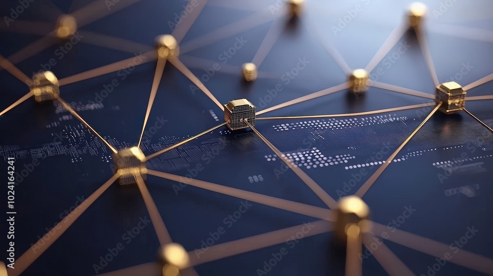 Poster abstract network connection golden cubes and lines on dark blue background