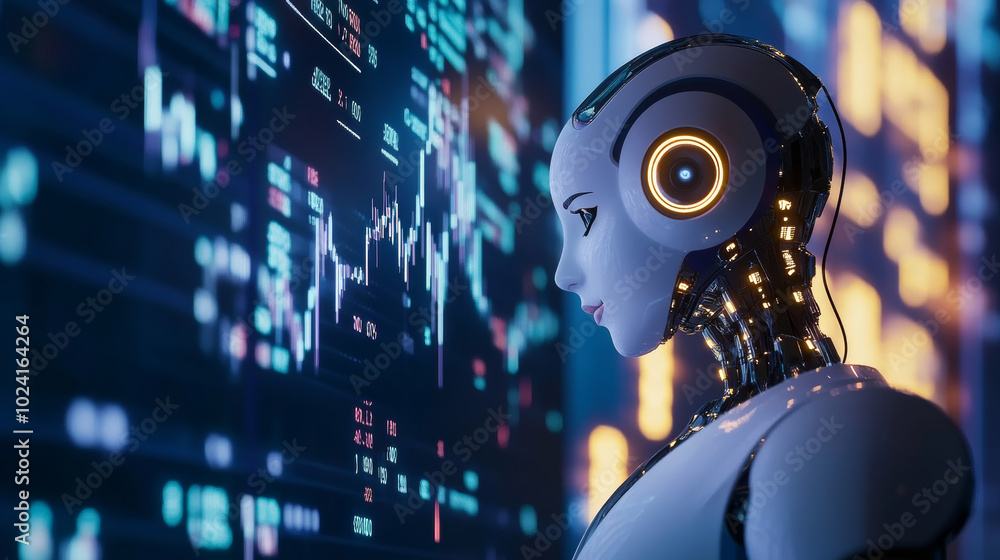 Poster a robot uses artificial intelligence to analyze stock market charts. a female robot assistant helps 