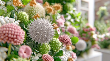 3D Render of Virus Particle Among Flowers   Microbiological Illustration