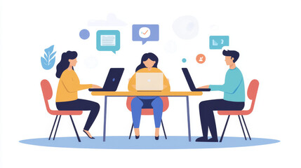 Working together from home using laptops and the internet.  Teams communicate, meet, and work remotely using online tools.