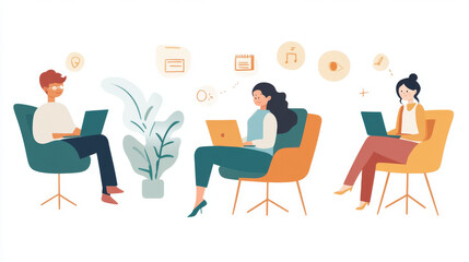 Working together from home using laptops and the internet.  Teams communicate, meet, and work remotely using online tools.