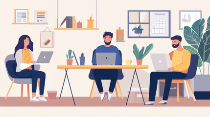 Working together from home using laptops and the internet.  Teams communicate, meet, and work remotely using online tools.