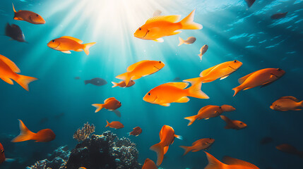 Fototapeta premium A vibrant underwater scene featuring numerous orange fish swimming gracefully amidst blue waters, illuminated by sun rays filtering through the surface, creating a serene atmospher