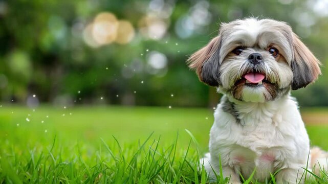 beautiful shih tzu dog with happy expression and sitting on the grass