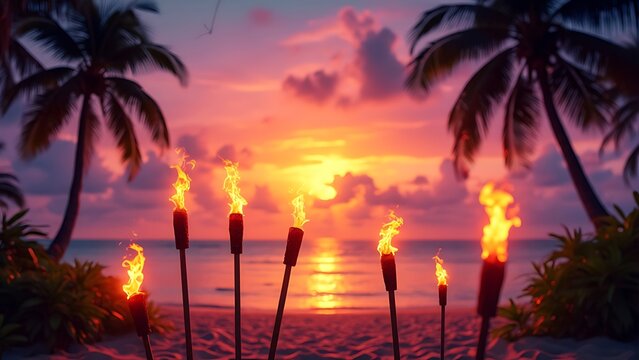 Fototapeta Hawaii luau party Maui fire tiki torches with open flames burning at sunset sky clouds at night