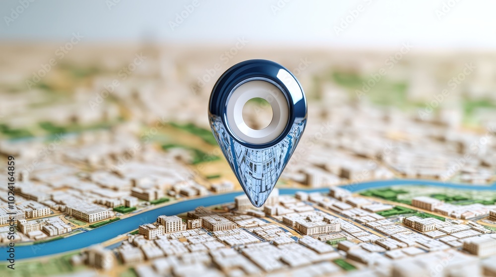 Poster 3d city map with chrome location pin for navigation and geolocation