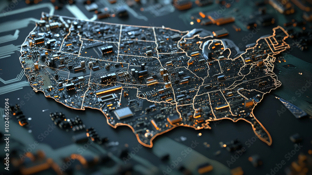Poster a design showing the usa as a circuit board, with a computer chip or processor. it highlights the co
