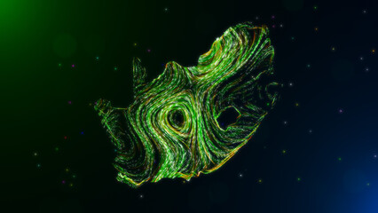 Abstract glowing map of the South Africa, featuring swirling neon green and yellow Hairlines, set against a dark background with scattered colorful particles