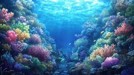 Fototapeta premium Vibrant Coral Reef Scene with Sunbeams and Fish