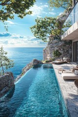 Obraz premium Breathtaking view from a luxury villa with an infinity pool overlooking the ocean and rocky cliffs under a clear blue sky.