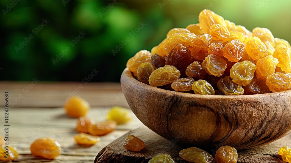 Wall mural Bowl of golden raisins on a wooden table.