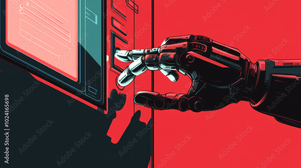 Poster a robot hand presses a button on a touchscreen to prevent spam and hacking. this is shown in an illu