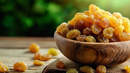 Bowl of golden raisins on a wooden table.