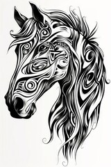 Obraz premium Horse head with intricate tribal designs in a conceptual illustration.