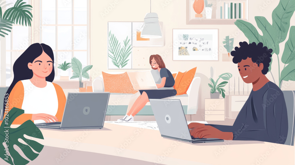 Aufkleber teams working from home use laptops to connect and manage their work online. they use internet tools